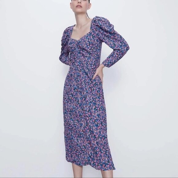 Zara Ditsy Floral Puff Sleeve Midi Dress XS Pink Purple Cottage Romantic - Picture 5 of 6